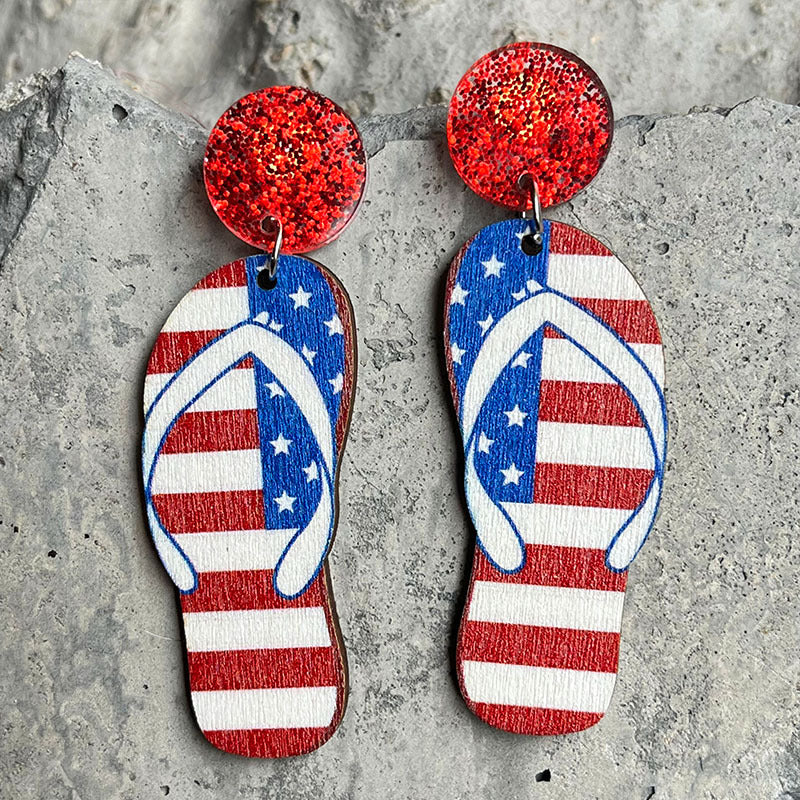 Wholesale 2 Pair/Pack Wooden Printed American Independence Day Donut Earrings